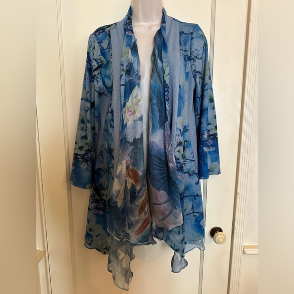 Soft Surroundings Flowers and Birds Draped Cardigan Topper with Hi-Lo hem - Picture 1 of 13